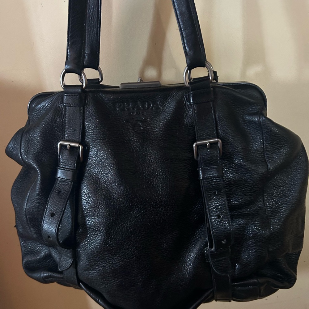 Vintage Prada Black soft Leather double strap shoulder tote Doctor Bag